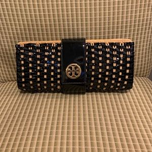 Tory Burch leather and rattan clutch